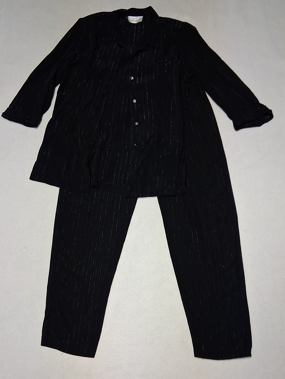 Women's Black Pinstripe Two-Piece Pantsuit Built In Shirt And Shoulder Pads